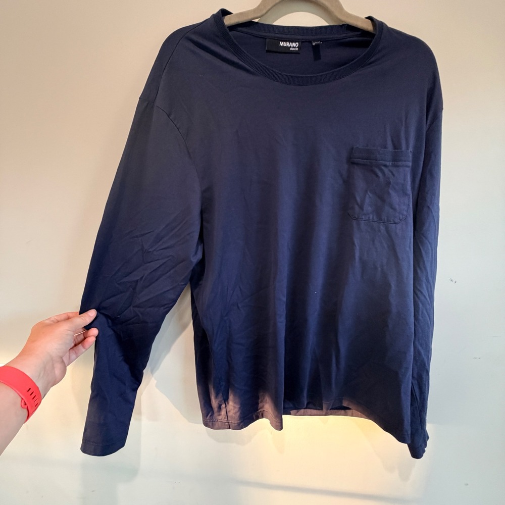 Murano Long Sleeve Pocket T Shirt Mens XL Navy Blue Slim Fit Minimalist